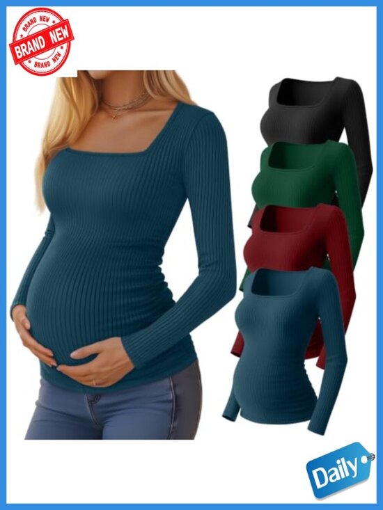 Tops - 4 Pack Maternity Tunic Shirts Long Sleeve Cotton Ribbed Square Neck Side Ruched